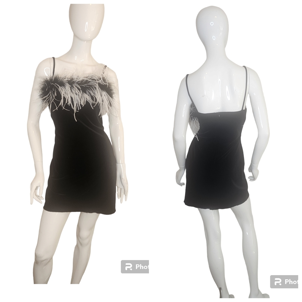 Vintage Althuser Black and White Feather Trim Velvet Form Fitted 90s Dress USA